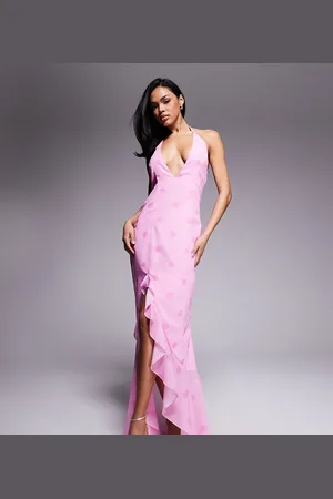 Murci Exclusive halterneck deep plunge ruffle hi lo hem maxi dress in polka dot