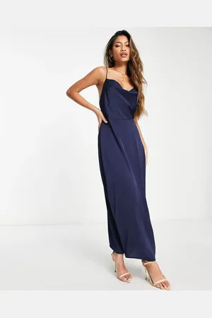 VILA Satin cowl neck maxi dress in navy blue