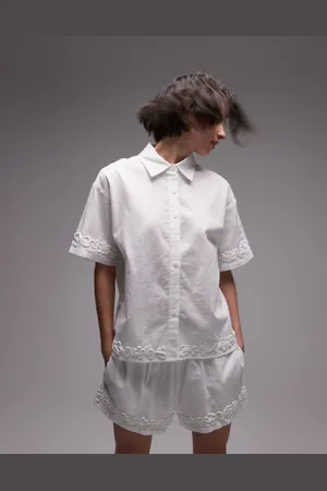 SNDYS Linen blend short sleeve flower applique detail shirt in (part of a set)
