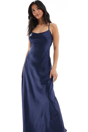 TFNC Bridesmaid cami satin maxi dress with chiffon tie back in navy