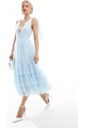Lace & Beads Bridesmaid Madison bow shoulder tiered midi dress in