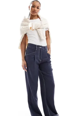 ASOS Petite straight leg pants in denim look-Navy