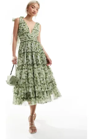 Lace & Beads Bridesmaid Madison bow shoulder midi dress in -Green