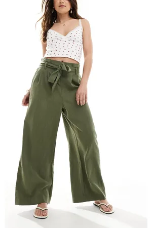 ONLY Tie waist wide leg pants in khaki-Green