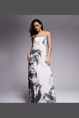 Murci Exclusive chiffon bandeau trapeze maxi dress in black and white palm print