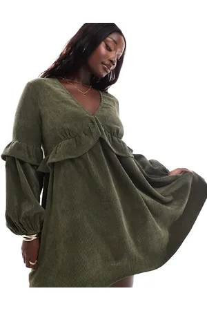 ASOS ASOS DESIGN Curve cord smock mini dress with frill detail in -Green