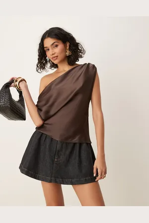 ASOS Chiffon draped off shoulder top in -Brown