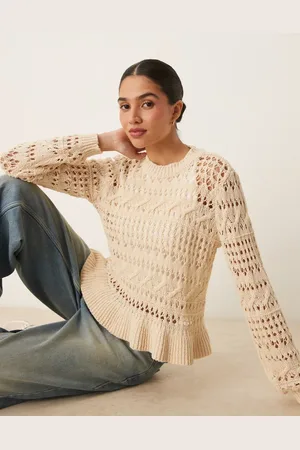 Y.A.S Open crochet knit jumper with frill hem detail in cream-White