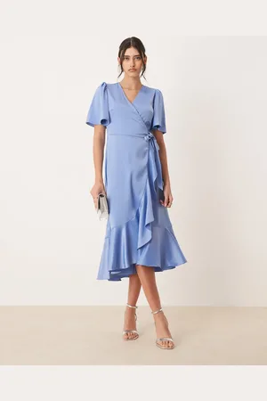 Y.A.S Satin wrap midi dress in blue