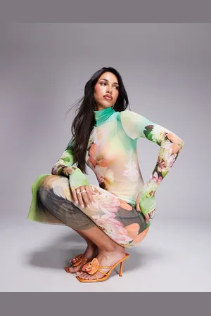 AFRM Long sleeve turtle neck midi dress in green floral
