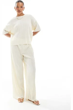 ONLY Plisse wide leg pants in buttermilk (part of a set)-Neutral