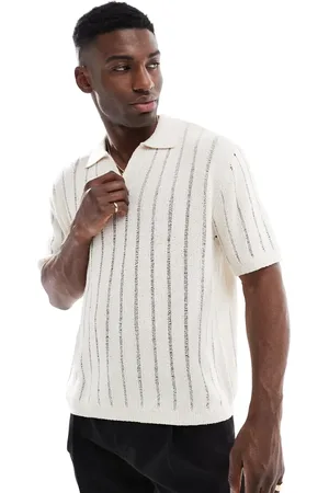 Pull&Bear Knitted self stripe polo in -White