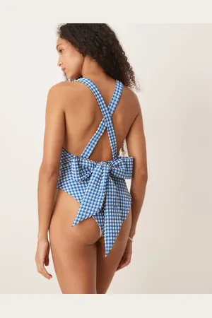ASOS Seersucker scoop swimsuit with giant bow back detail in