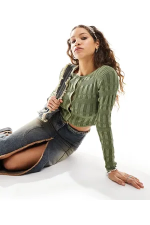 ASOS Button front shirred cardigan in acid wash in -Green