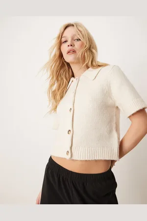 Gina Tricot Knitted short sleeve collar cardigan in cream-Neutral