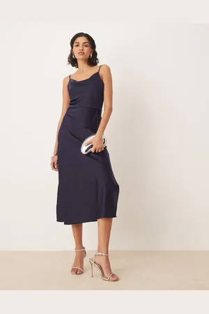 Y.A.S Satin midi cami dress with tie waist in navy
