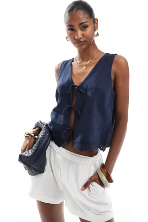 Hollister Tie front linen top in blue