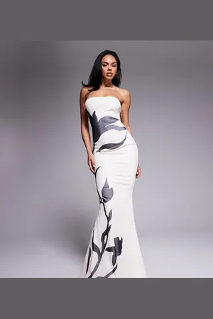 Murci Exclusive bandeau mesh fishtail maxi dress in white with black flower