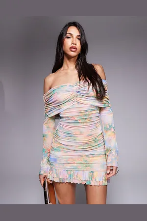 AFRM Long sleeve ruched mini dress with ruffle hem in floral-Multi