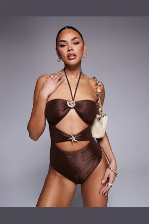 South Beach Shiny crinkle cut out halter swimsuit in -Brown