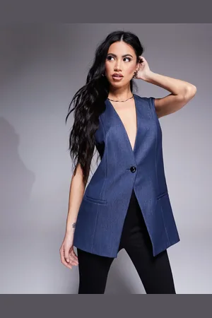 River Island Longline denim waistcoat in midwash blue