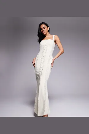 Murci Exclusive square neck sheer lace panel maxi dress in -White