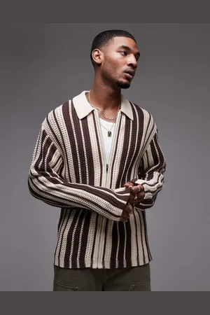 Topman Knitted long sleeve polo in brown and ecru stripe
