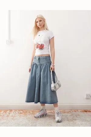 COLLUSION Denim midi skirt in mid wash-Blue