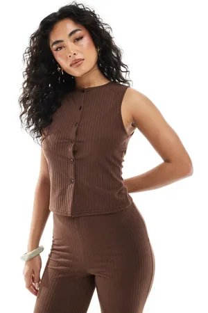Miss Selfridge Ribbed button up sleeveless top in chocolate (part of a set)