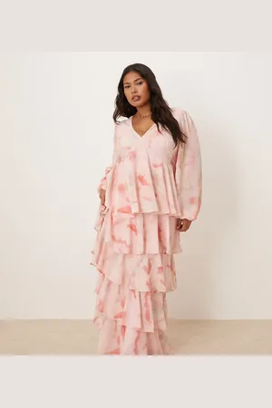 Pretty Lavish Long sleeve ruffle maxi dress in pink and brown ombre