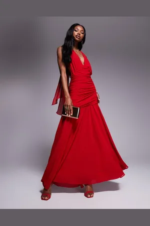 Bardot Halter neck maxi dress in red