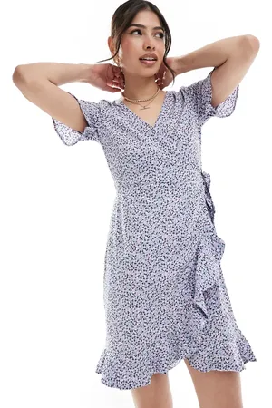 ONLY Frill wrap mini dress in lilac ditsy floral-Purple