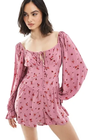 Miss Selfridge Long sleeve playsuit in pink ditsy -Multi