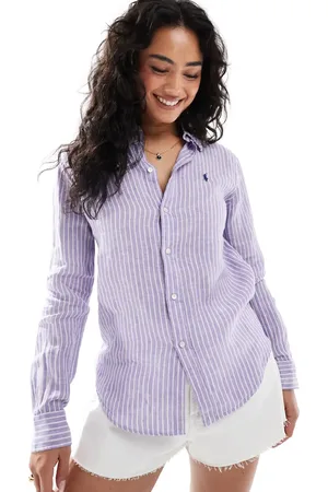 Ralph Lauren Linen striped shirt with logo in purple and white