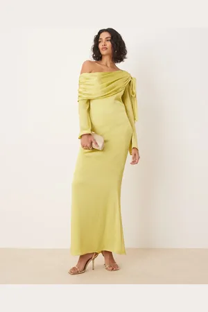 Pretty Lavish Asymmetric bow chiffon maxi dress in chartreuse-Green