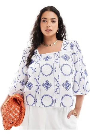 ONLY Cropped embroidered woven top with tie back in white