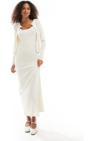 VERO MODA Soft ribbed cami ankle dress in melange (part of a set)-White