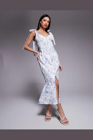 Lavish Alice Satin tie strap micro button midi dress in blue porcelain print