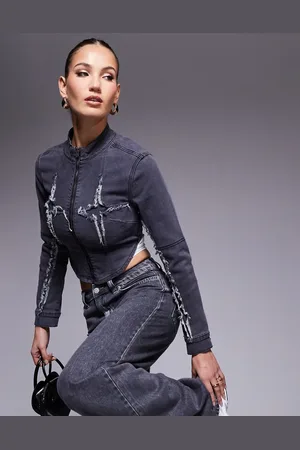Liquor N Poker Zip detail rip & repair stitch jacket in grey wash