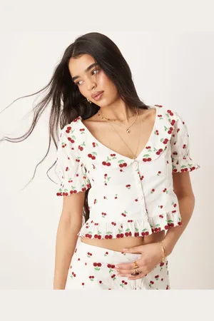 For Love & Lemons Beaded Cherries top in white and red (part of a set)-Multi