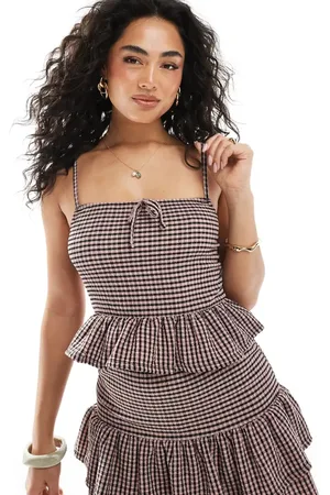 Miss Selfridge Crinkle gingham frill top in -Multi