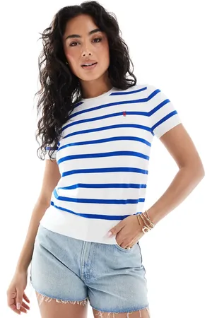 Ralph Lauren Striped short sleeve knitted top in white and blue
