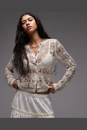 Topshop Knitted crew neck flower crochet cardigan in neutral