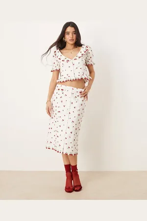 For Love & Lemons Beaded Cherries midi skirt in white and red (part of a set)-Multi