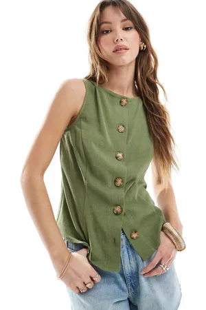ASOS Linen blend button front waistcoat in -Green
