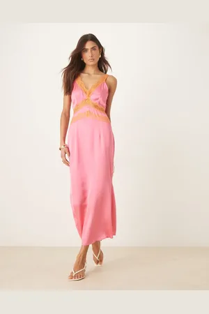 Never Fully Dressed Lace insert midaxi dress in pink and orange