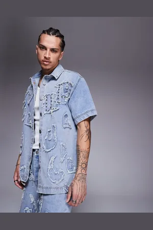 Liquor N Poker Distressed applique denim shirt in