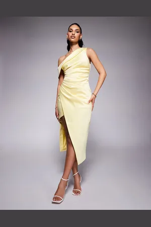 Lavish Alice Asymmetric neckline pleated satin midi dress in -Blue