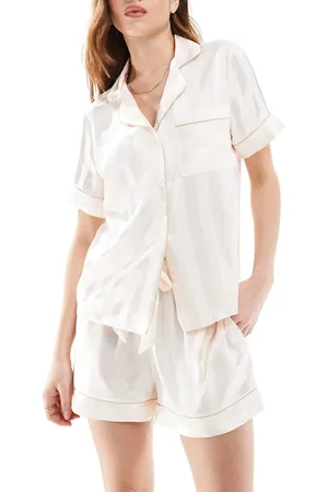 Chelsea Peers Bridal jacquard satin short sleeve revere shirt and shorts set in -White
