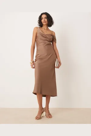 Pretty Lavish Asymmetric cowl satin midaxi slip dress in -Brown